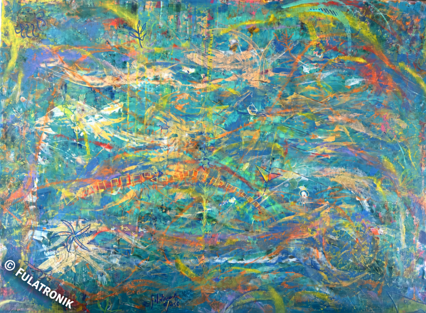 Abstract painting by Fulatronik with turquoise, blue, yellow, and orange layered marks